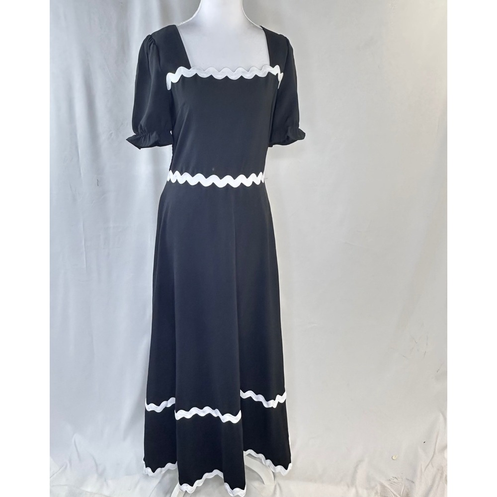 BTFBM Sz M Maxi Dress Black Ric Rac Trim Tie Back French Girl Coquette Romantic
